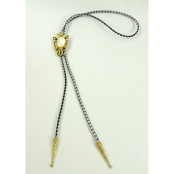 Thunderbird Bolo Tie String Necktie Golden Tips Braided Silver and Black Cord - Picture 2 of 6